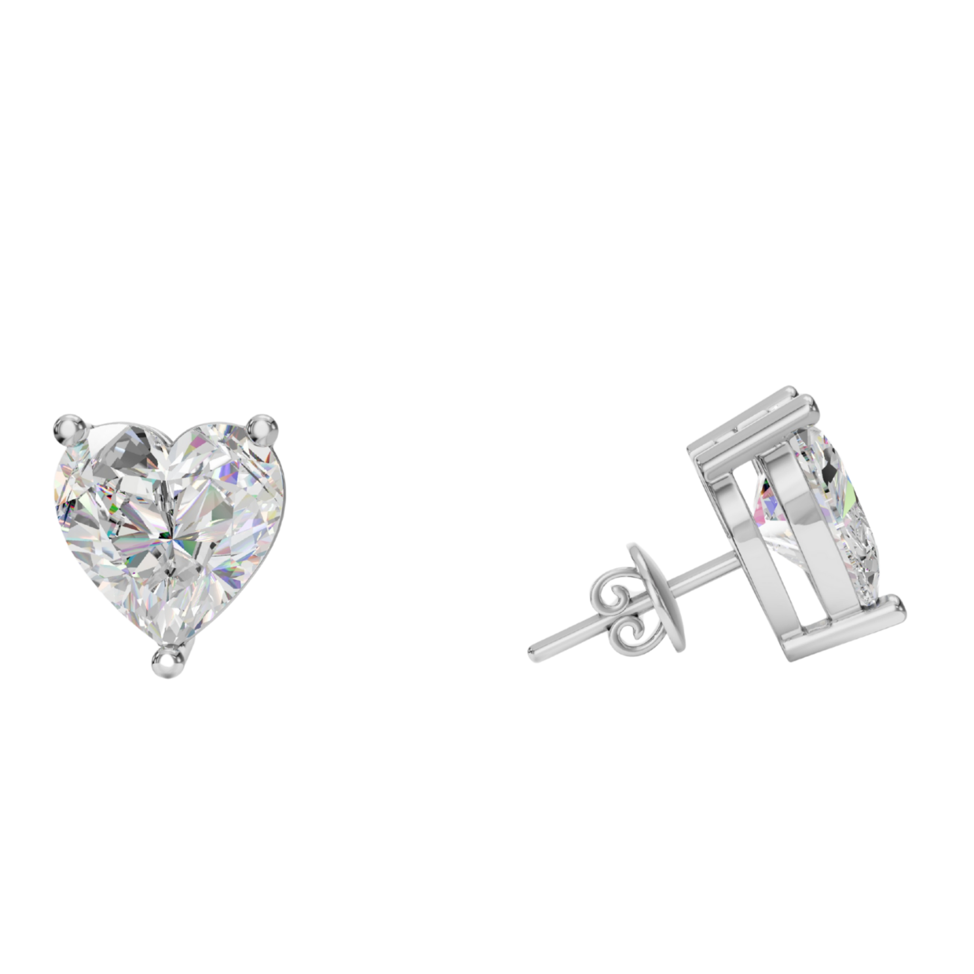 Heart-shaped and rectangular diamond stud earrings on a white background