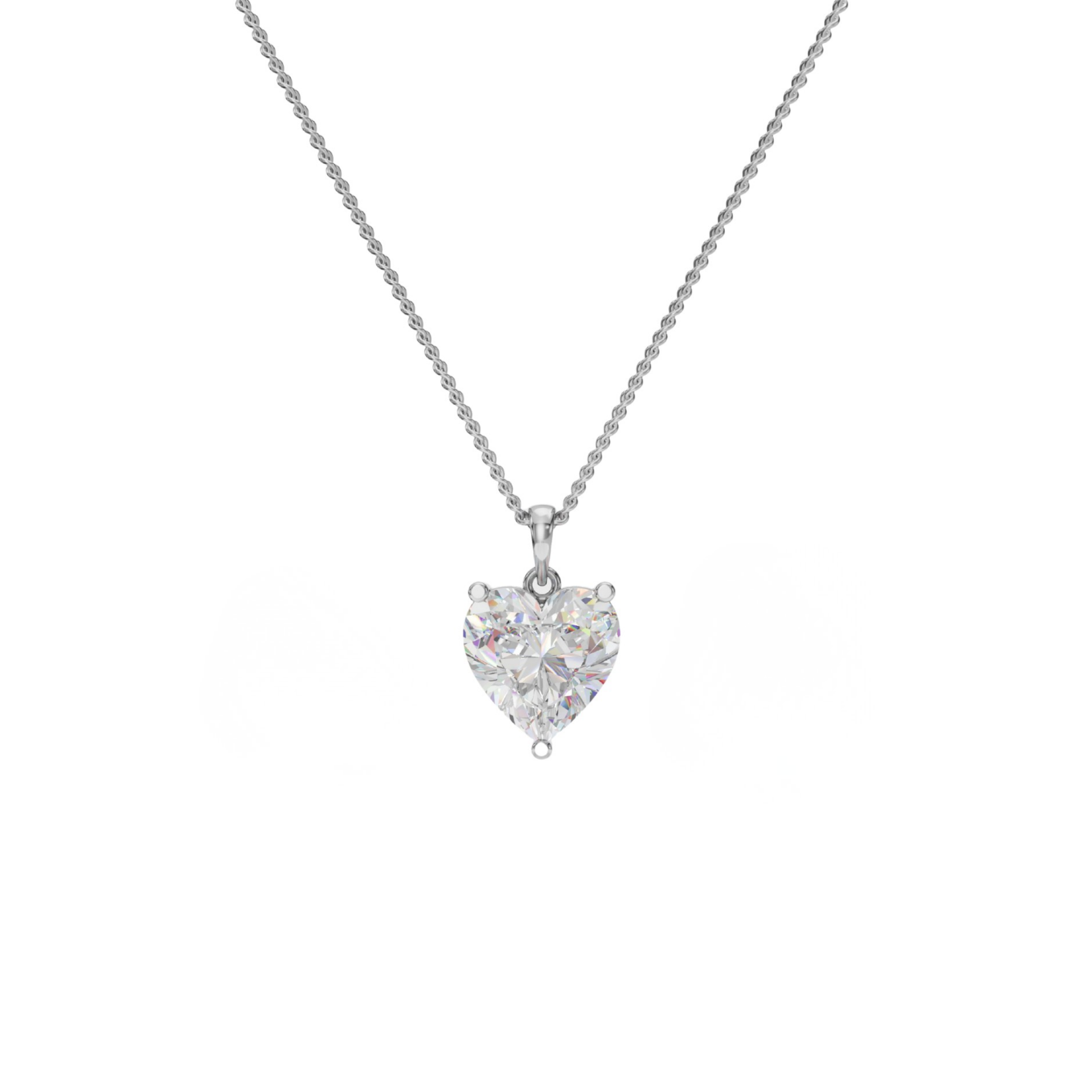 Heart-shaped diamond pendant on a chain against a white background