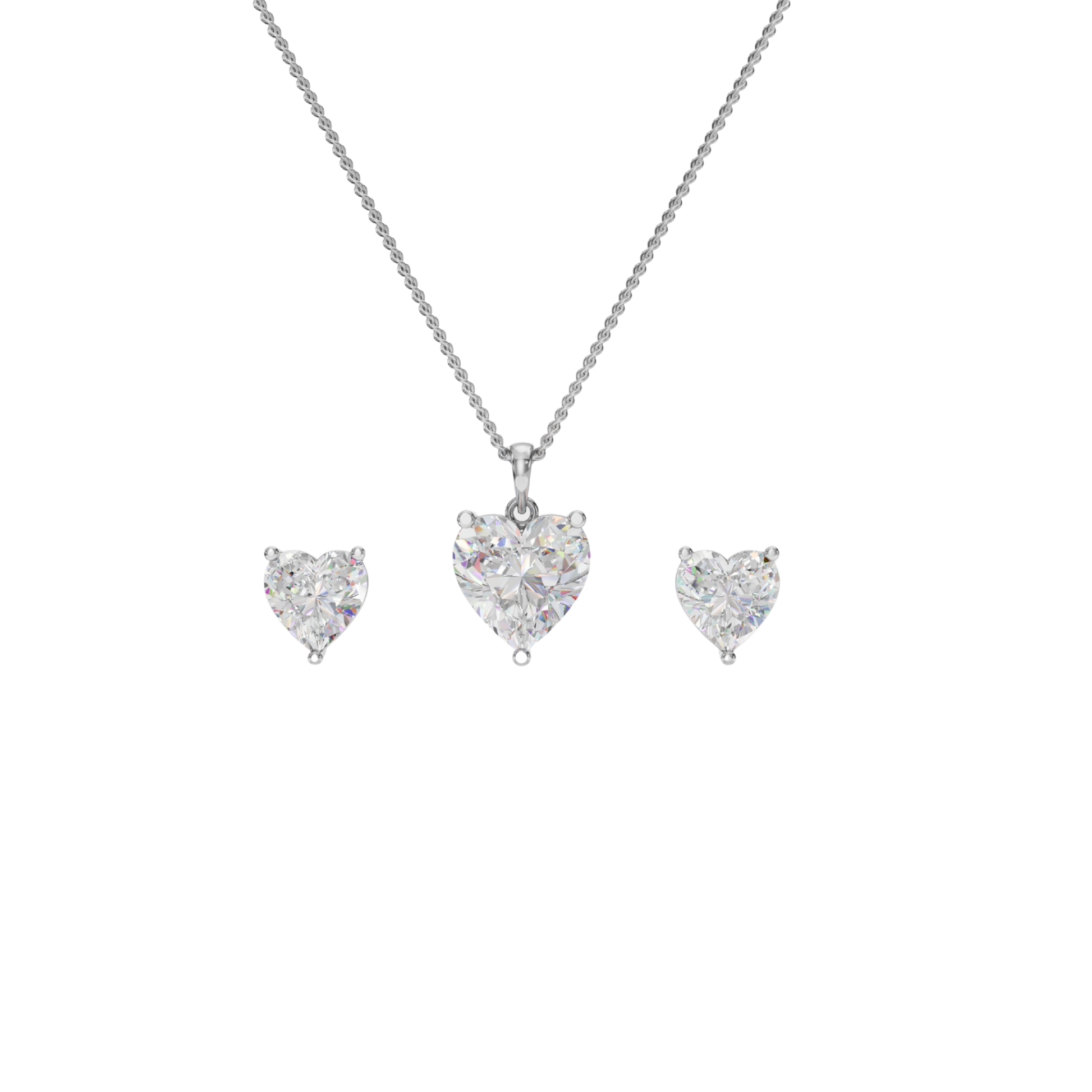 Heart-shaped diamond necklace and earrings on a white background