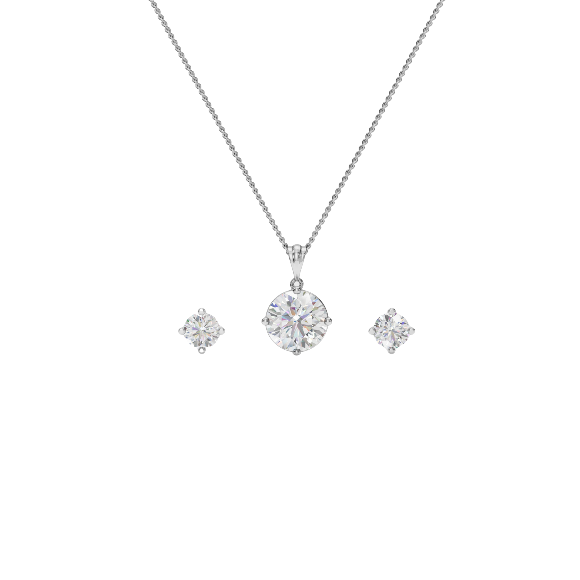 Diamond necklace and earrings set on a white background