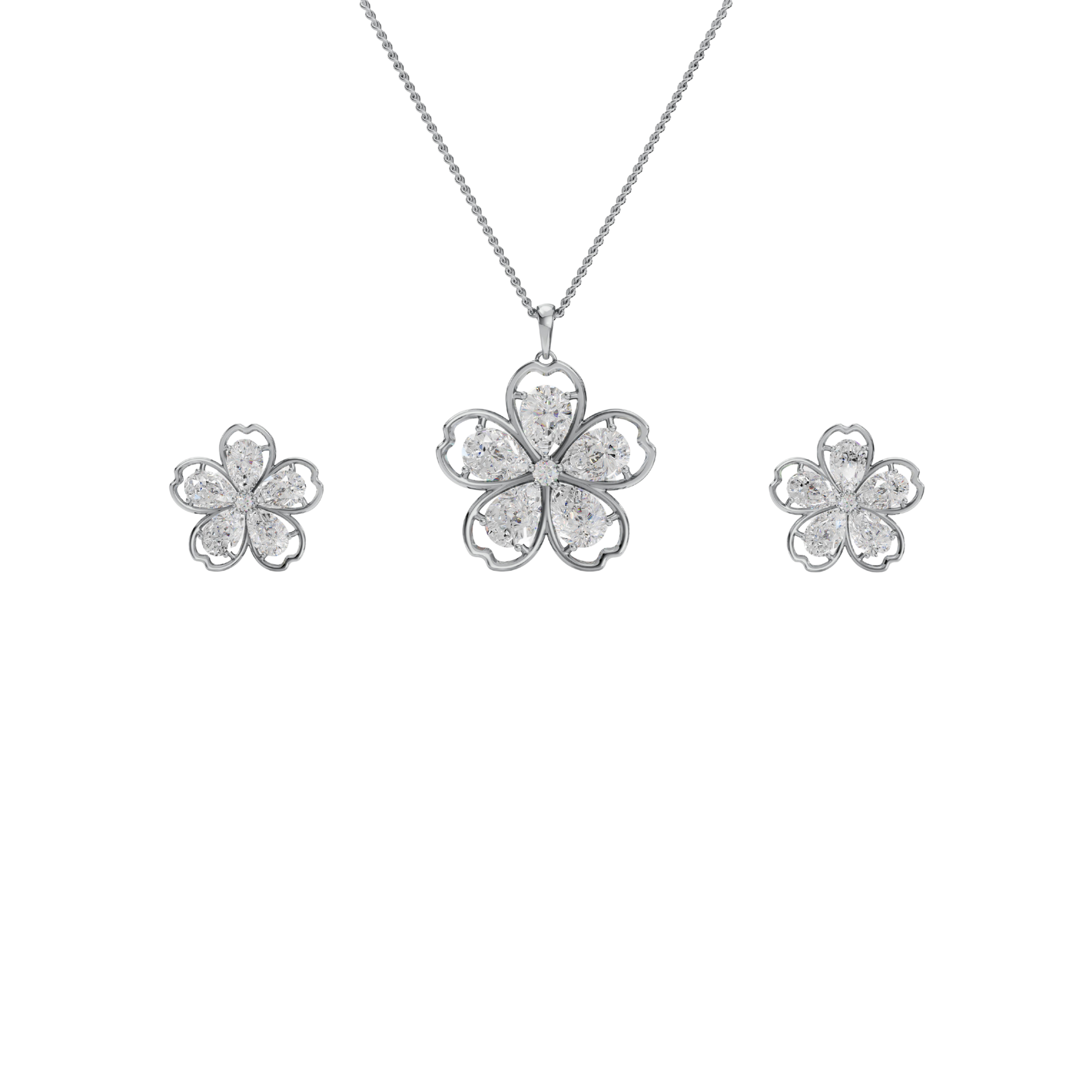 Flower-shaped silver jewelry set with necklace and earrings on a white background