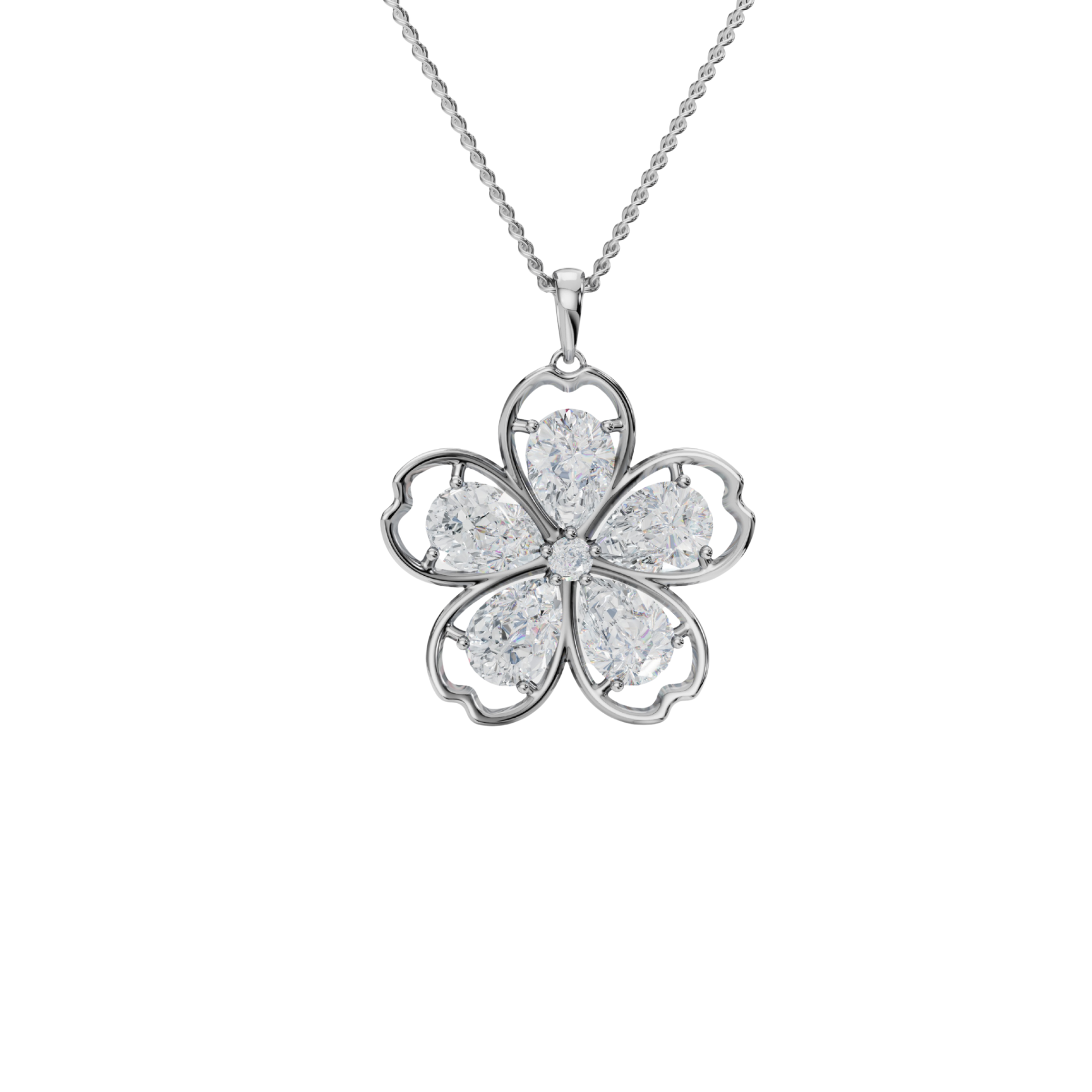 Silver flower-shaped pendant necklace on a white background